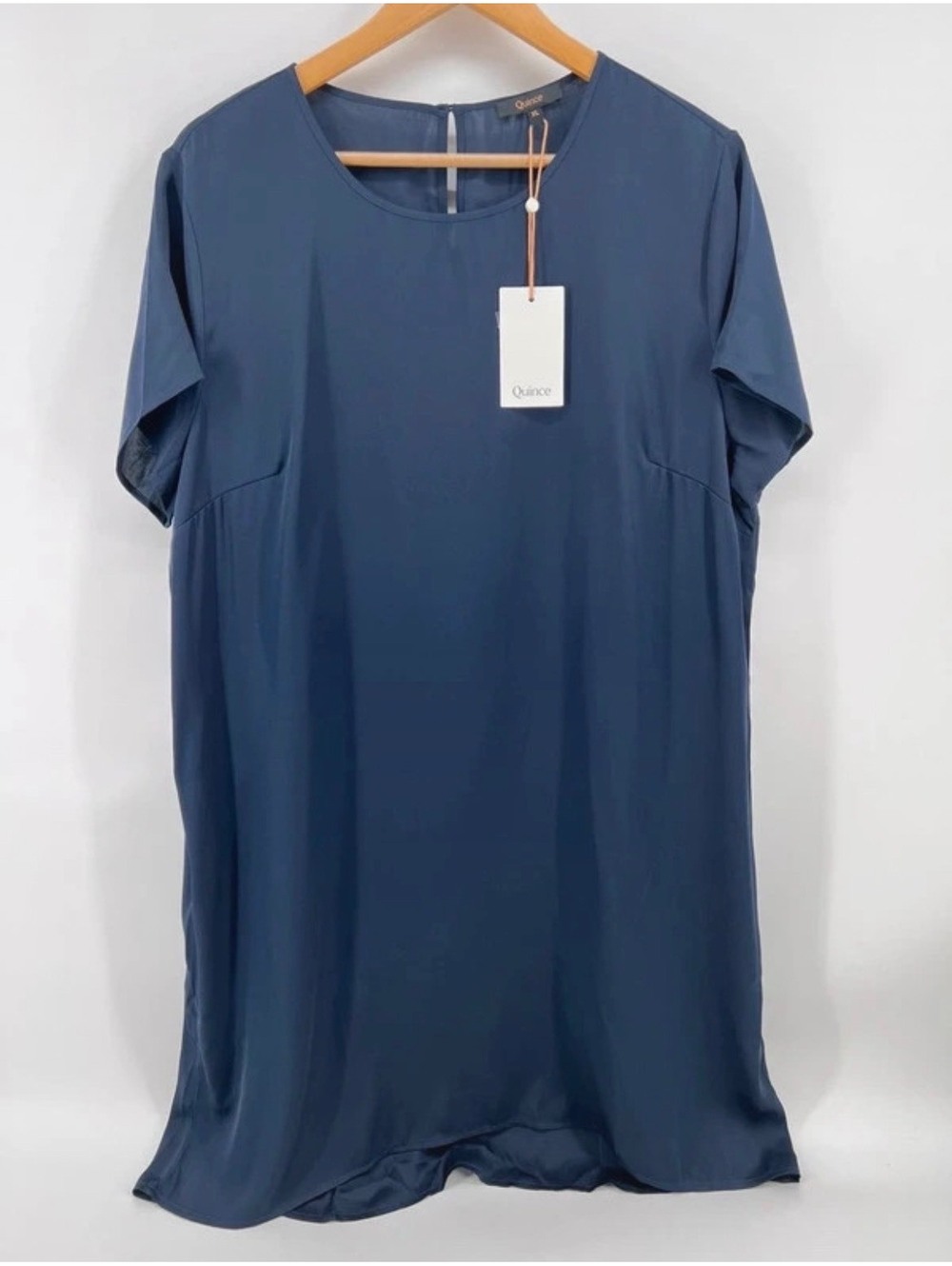 Quince Womens Stretch Silk Short Sleeve Shift Dress Navy Blue XL Washable Luxury